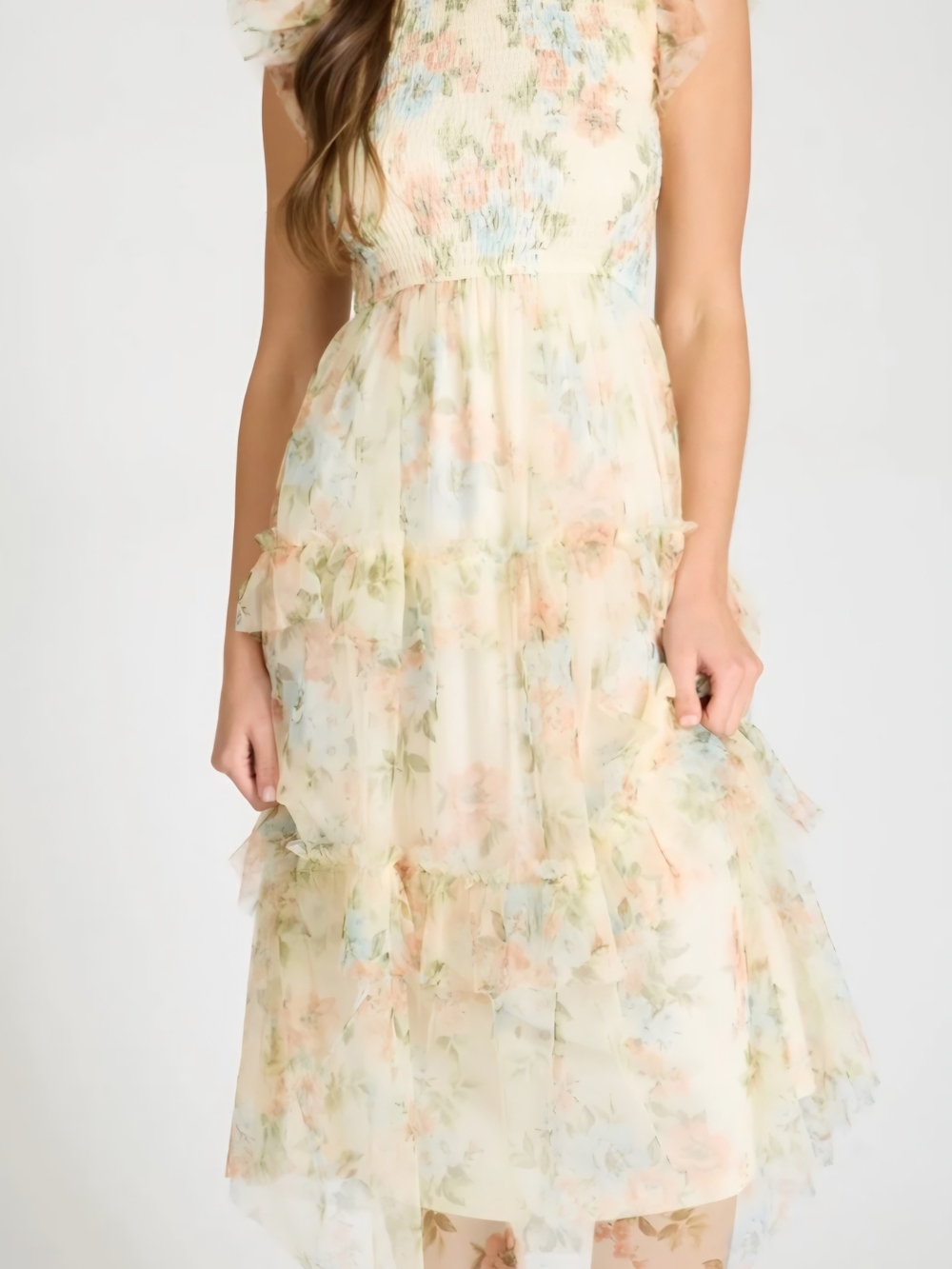 Blu Pepper Butter Yellow Floral Smocked Tulle Dress